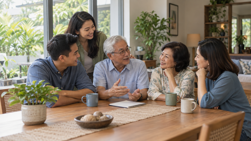 Malaysian multigenerational family discussing shared values and wealth planning