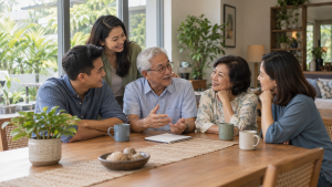 Malaysian multigenerational family discussing shared values and wealth planning