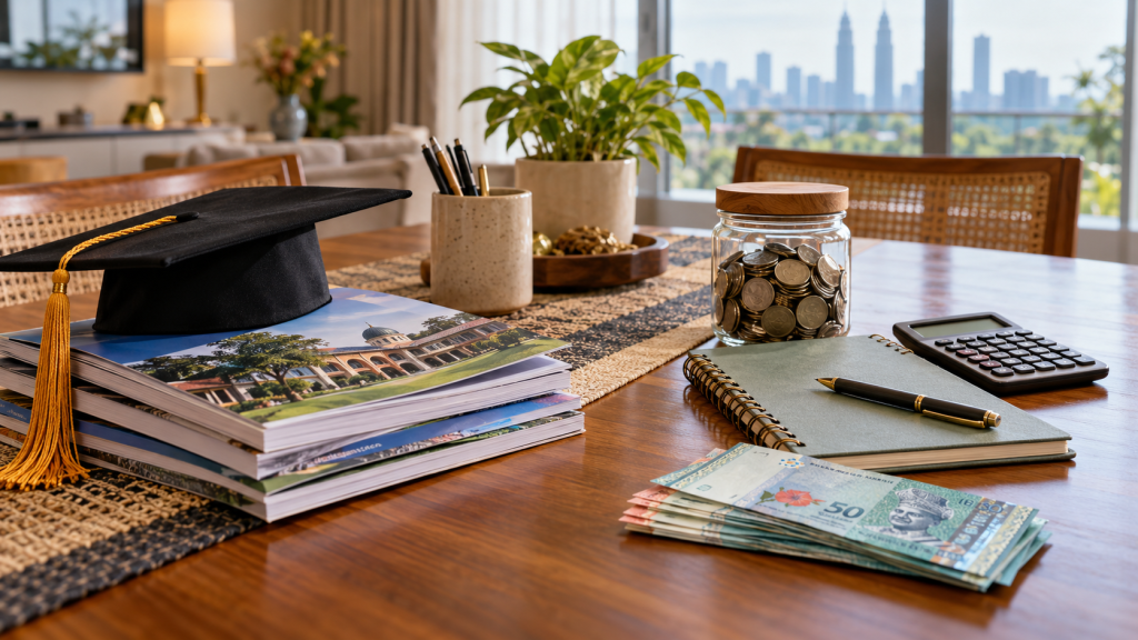 Graduation cap, university prospectuses and savings on a Malaysian family table, representing education and retirement planning