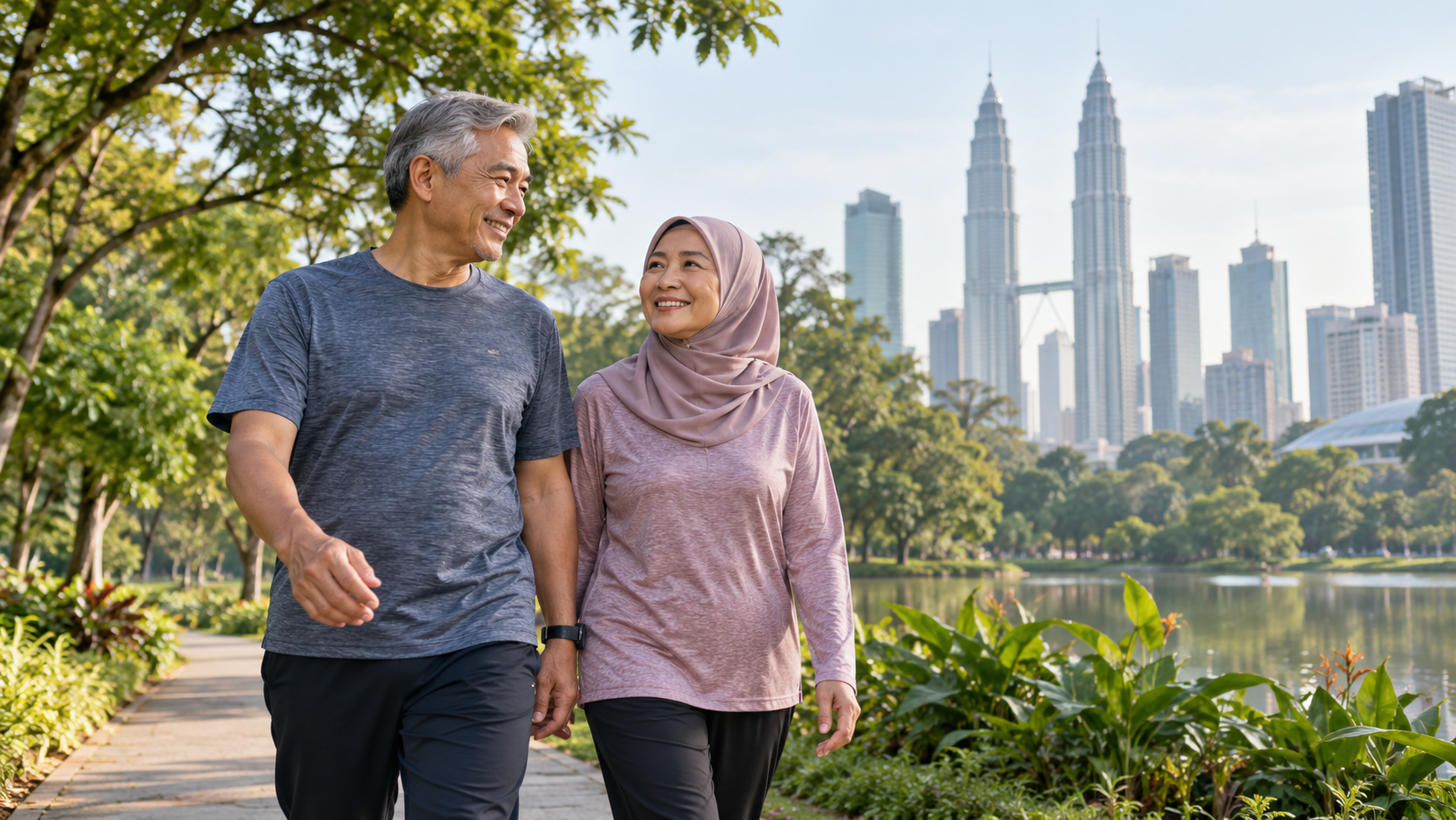 Older Malaysian couple walking together in a Kuala Lumpur park as part of a healthy retirement
